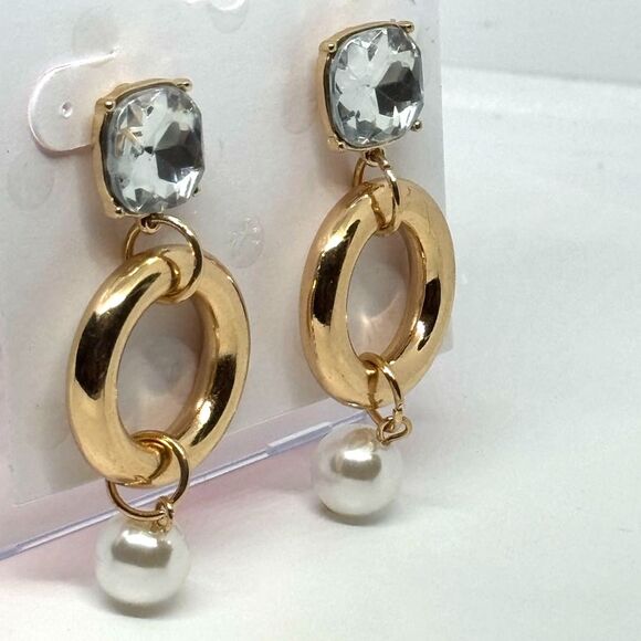 ISAAC MIZRAHI Gold Tone Crystal & Faux Pearl Dangling Post  Earrings - Picture 3 of 11
